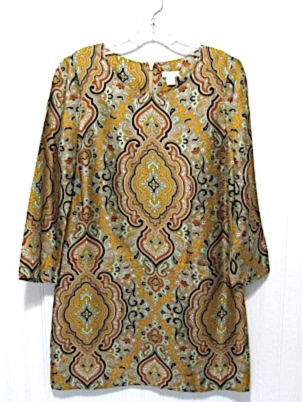 J.Crew Vintage Tan Brown Gold Paisley 3/4 Sleeve Tunic Dress, Size 6